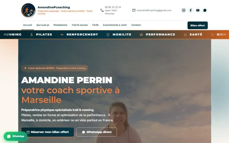 Page d'accueil du site Amandine P. Coaching, coach sportive, préparation trail et pilates, réalisé par Gradly Concept