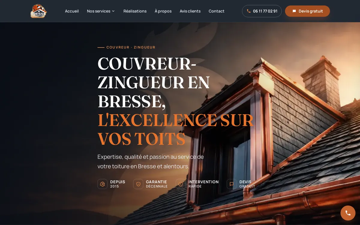 Page d'accueil du site Bresse Couverture, couvreur, zingueur, charpentier, réalisé par Gradly Concept