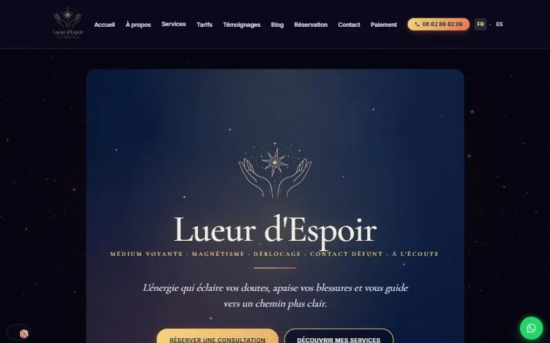 Page d'accueil du site Lueur d'Espoir, médium voyante, réalisé par Gradly Concept