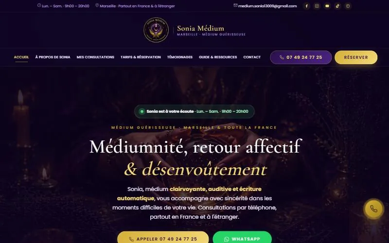 Page d'accueil du site Sonia Médium, médium guérisseuse, réalisé par Gradly Concept