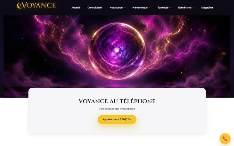 Page d'accueil du site Voyance & Prédiction, cabinet de voyance par téléphone, réalisé par Gradly Concept