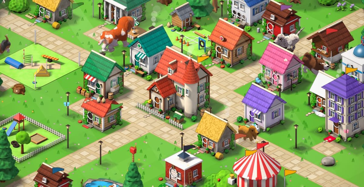 Le Domaine des Roses en 3D : maisons colorées, allées de pierre, terrain d'agility et chiens en liberté