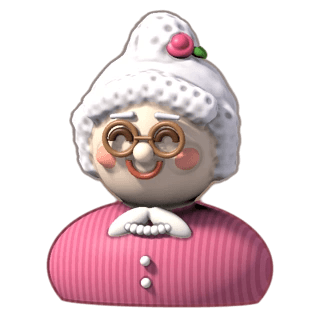 Grand-mère Rose, chignon blanc, lunettes rondes et gilet rose
