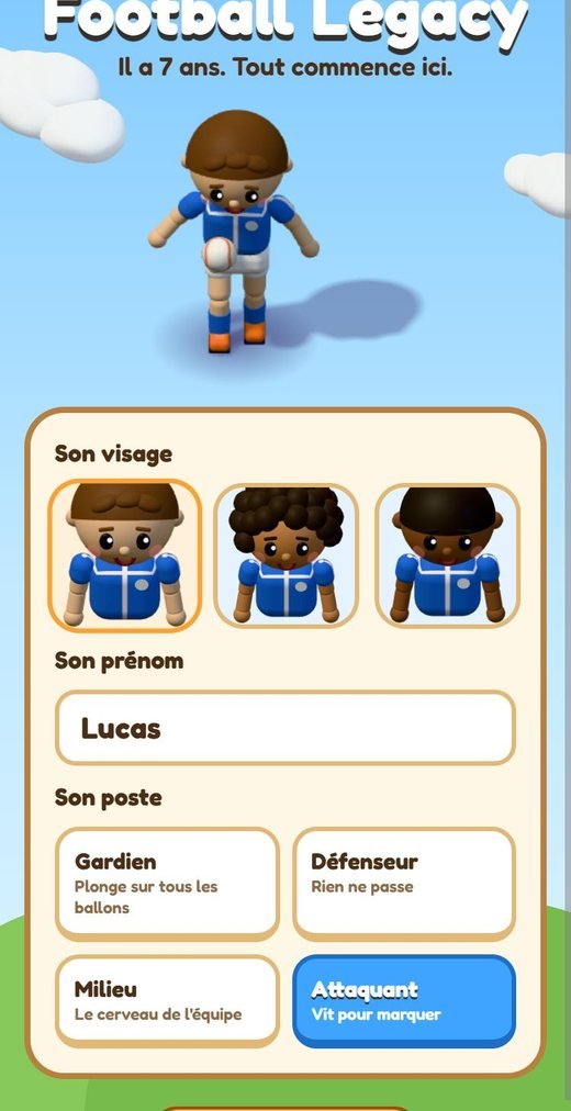 Création du personnage : garçon ou fille, visage, prénom et poste