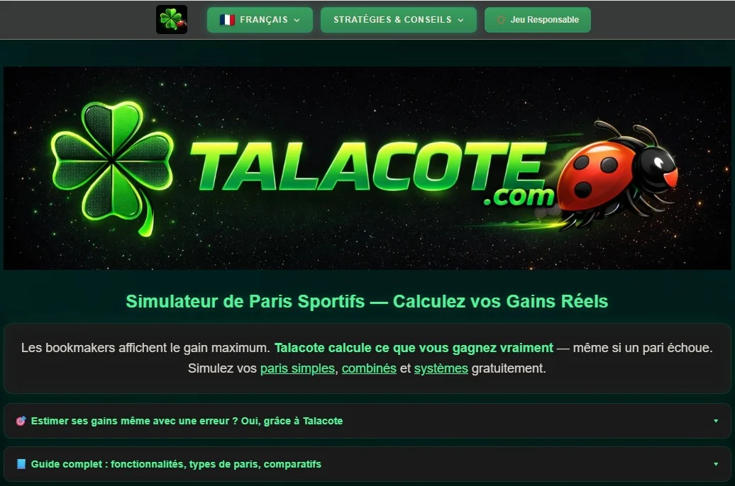 Page d'accueil du site Talacote, simulateur de paris sportifs, réalisé par Gradly Concept
